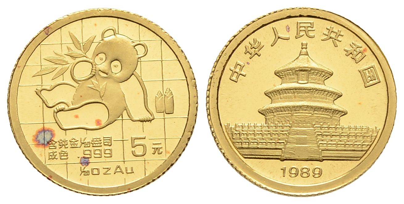 PEUS 3137 China 1,56 g Feingold. Sitzender Panda mit Bambus vor Gitterdesign 5 Yuan GOLD 1/20 Unze 1989 Kl. rote Flecken, Uncirculated