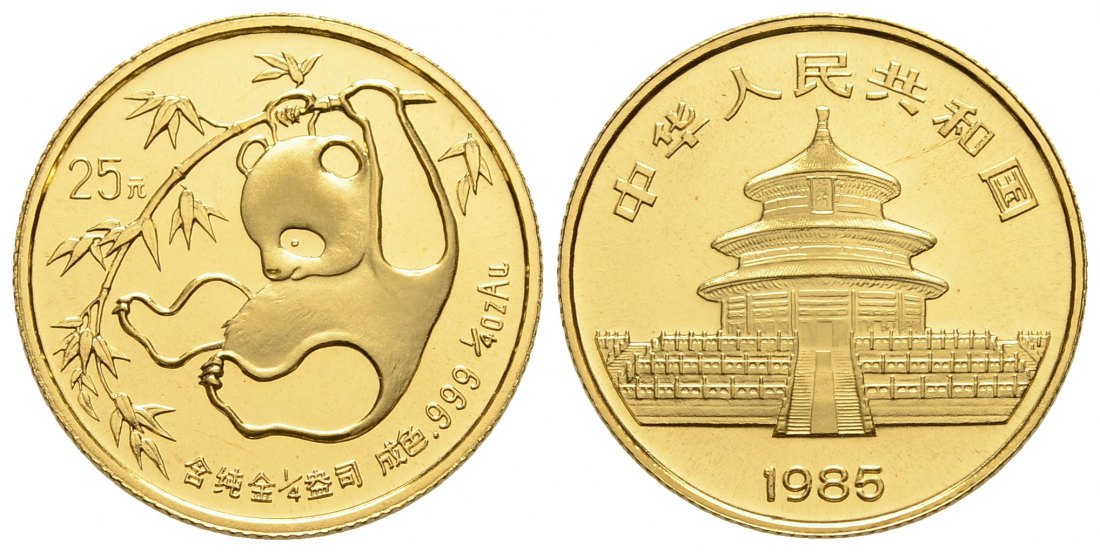 PEUS 3140 China 7,78 g Feingold. Panda hängt am Ast 25 Yuan GOLD 1/4 Unze 1985 Uncirculated