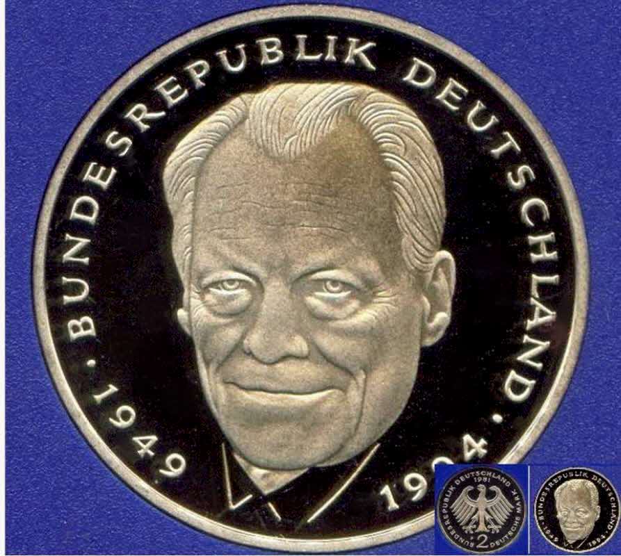  1998 J * 2 Deutsche Mark Willi Brandt Polierte Platte PP, proof, top   