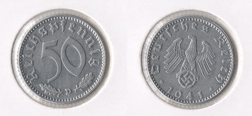  III. Reich 50 Reichspfennig HK 1941 -D- UNC./ Stempelglanz J.372   