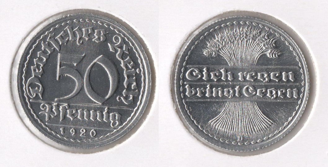  DR Inflation 50 Pfennig 1920 -D- Unc./ Stgl. Jaeger 301.   