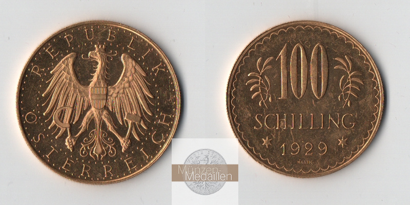 Österreich  100 Schilling  1929 MM-Frankfurt Feingold: 21,17g Adler mit Mauerkrone und Landeswappen  