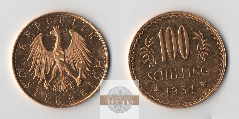 Österreich  100 Schilling  1931 MM-Frankfurt Feingold: 21,17g Adler mit Mauerkrone und Landeswappen auf der Brust 