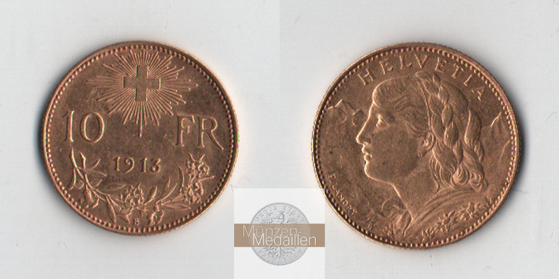 Schweiz  10 sFR MM-Frankfurt Feingold: 2,90g 1/2 Vreneli 1913 B 