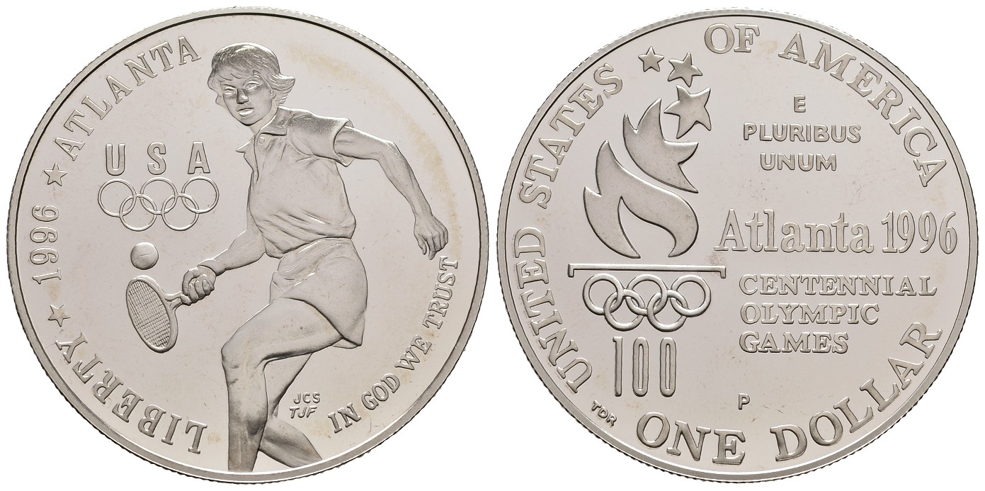 PEUS 6787 USA 24,06 g Feinsilber. Olympiade Atlanta - Tennis Dollar SILBER 1996 P Proof (Kapsel)