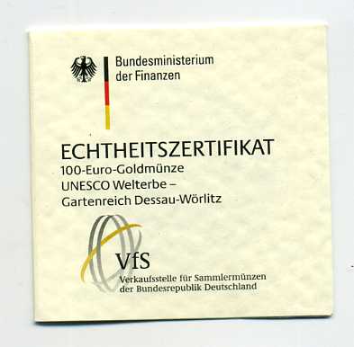 Zertifikat Original für 100 Euro Goldmünze 2013 Dessau-Wörlitz nur Zertifikat !!!   