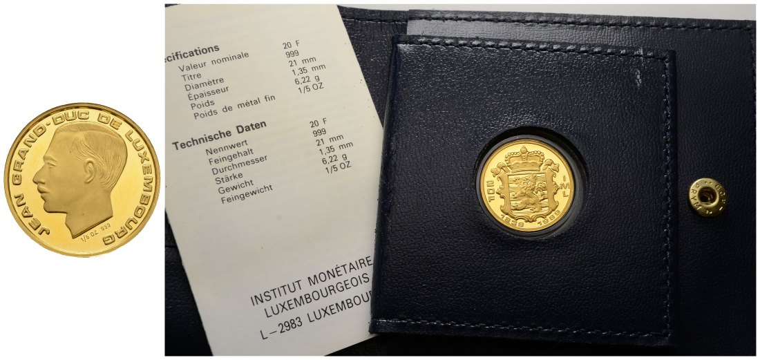 PEUS 3294 Luxemburg 6,22 g Feingold. 150 Jahre Unabhängigkeit Luxemburg incl. Zertifikat + ETUI 20 Francs 1/5 Unze GOLD 1989 IML Proof (in Kapsel)