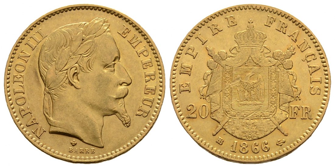 PEUS 3349 Frankreich 5,81 g Feingold 20 Francs GOLD 1866 BB Straßbur Sehr schön +