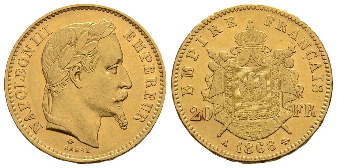PEUS 3460 Frankreich 5,81 g Feingold. Napoleon III. (1852-1870) 20 Francs GOLD 1868 A Sehr schön