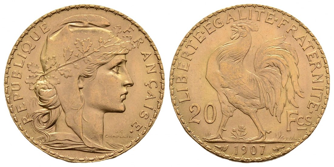 PEUS 3461 Frankreich 5,81 g Feingold. Marianne / Galischer Hahn 20 Francs GOLD 1907 Sehr schön +