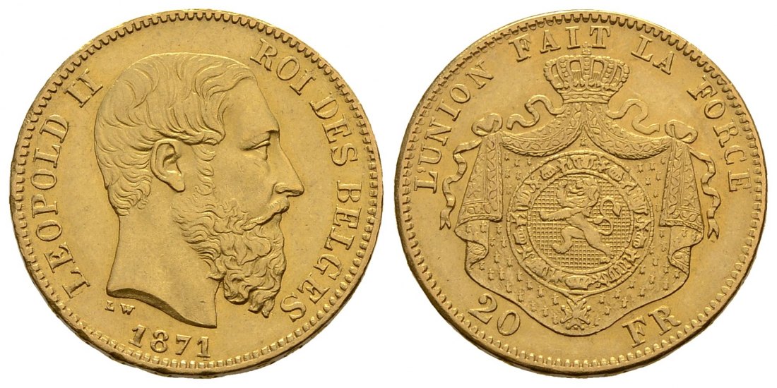 PEUS 3463 Belgien 5,81 g Feingold. Leopold II. (1865-1909) 20 Francs GOLD 1871 Sehr schön