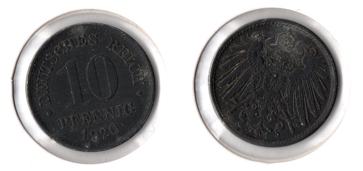  1. Weltkrieg 10 Pfennig 1920 o.Mzz (Zink) Ersatzmünze Jaeger 299. ss-vz (3)   