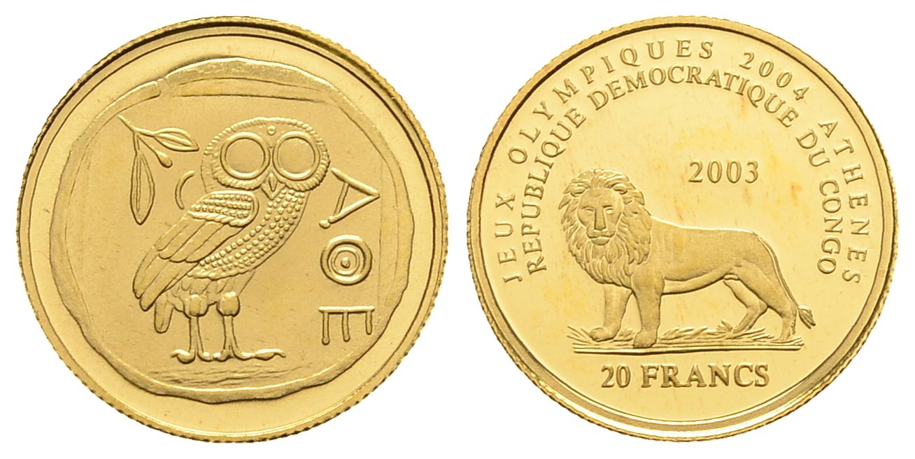PEUS 3466 Kongo 1,22 g Feingold. Tetradrachme Athen Eule 20 Francs GOLD 2003 Proof