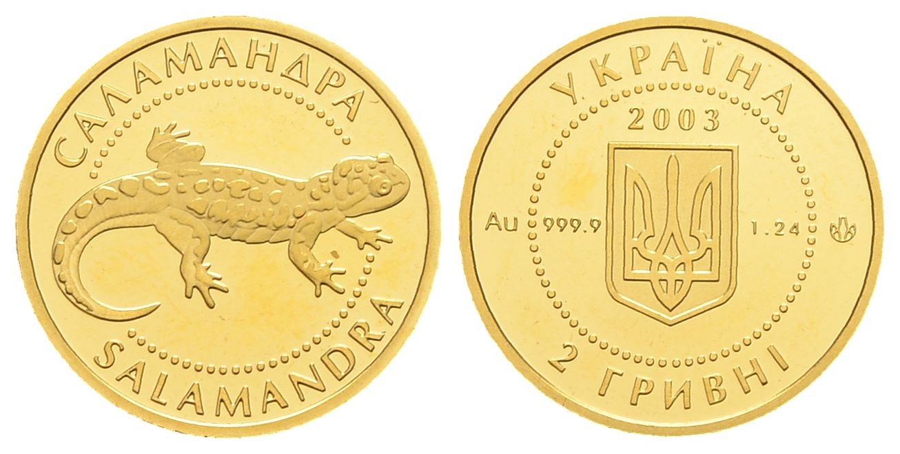 PEUS 3467 Ukraine 1,24 g Feingold. Salamander 2 Hryvnias GOLD 2003 Proof