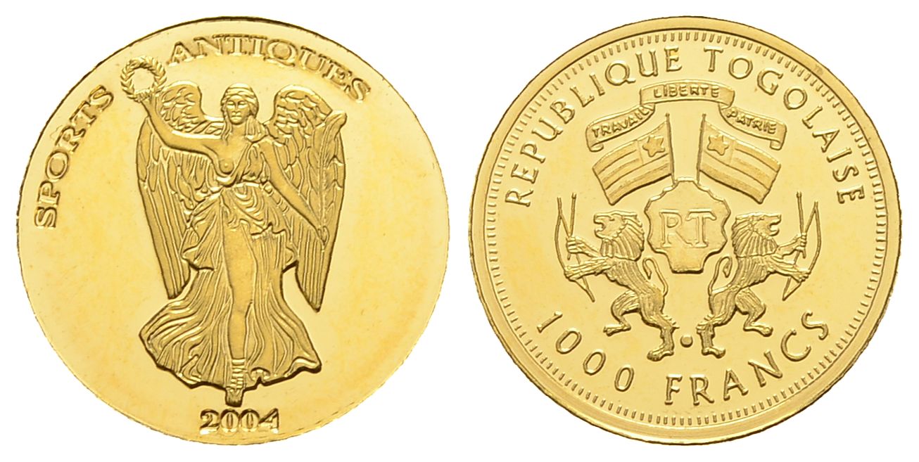 PEUS 3469 Togo 1,24 g Feingold. Nike Statue konvex 1000 Francs GOLD 2004 Proof (berührt)