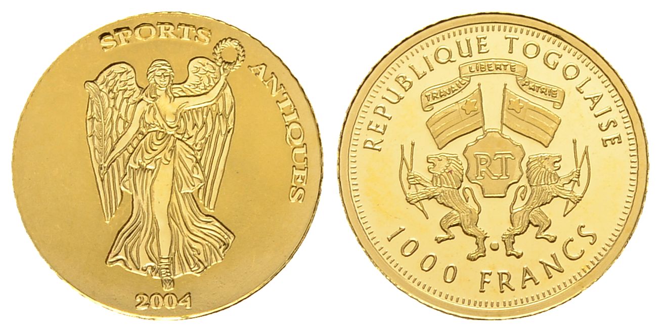 PEUS 3470 Togo 1,24 g Feingold. Nike Statue konkav 1000 Francs GOLD 2004 Proof (berührt)