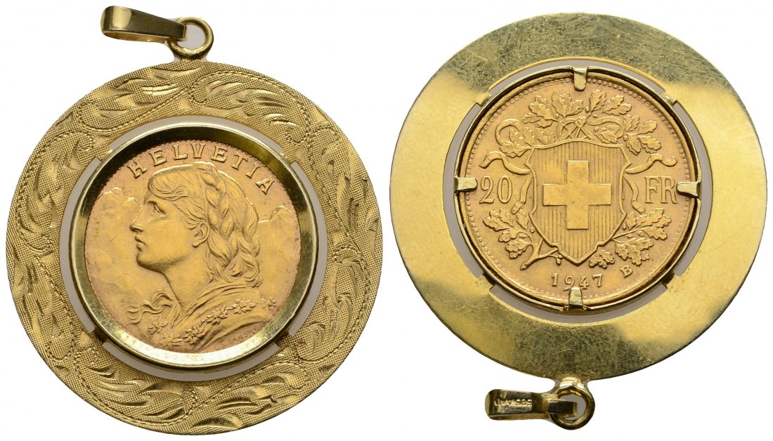 PEUS 3471 Schweiz Insg. 7,9 g Feingold. Vreneli. 20 Franken GOLD 1947 B Gefasst (585er), fast Vorzüglich
