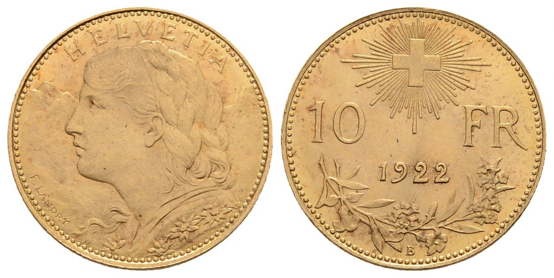 PEUS 3472 Schweiz 2,90 g Feingold. Vreneli 10 Franken GOLD 1922 B Kl. Kratzer, Vorzüglich