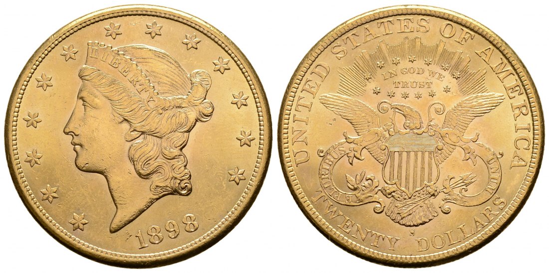 PEUS 3474 USA 30,1 g Feingold. Coronet Head 20 Dollars GOLD 1898 S Kl. Kratzer, fast Vorzüglich