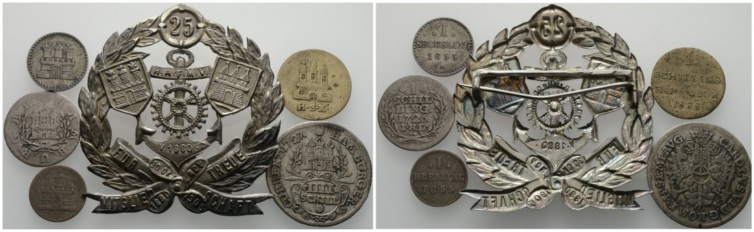 PEUS 3477 Hamburg  Lot (5 Münzen, 1 Anstecker) 1726 - 1905 Sehr schön bis Vorzüglich