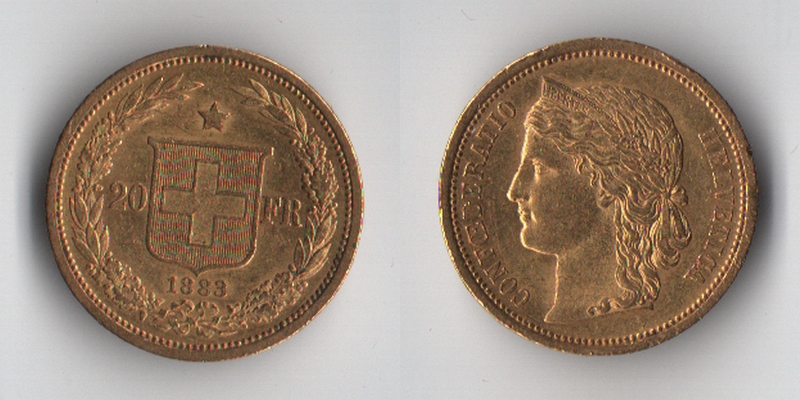 Schweiz 20 sFR 1883 MM-Frankfurt Feingold: 5,81g Helvetica  