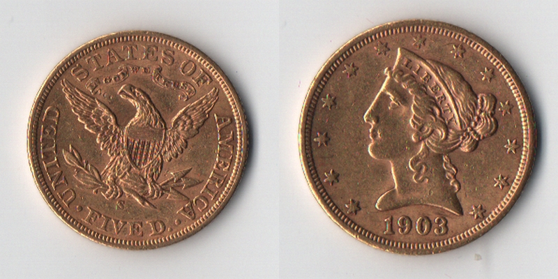 USA  5 Dollar  1903 MM-Frankfurt Feingold: 7,52g Liberty  