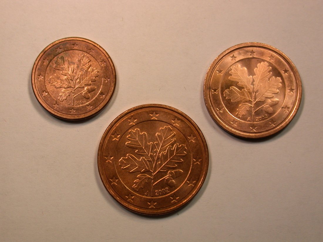  E01 Deutschland 1, 2 und 5 Cent 2002 in unc mit Zertifikat   Orginalbilder   