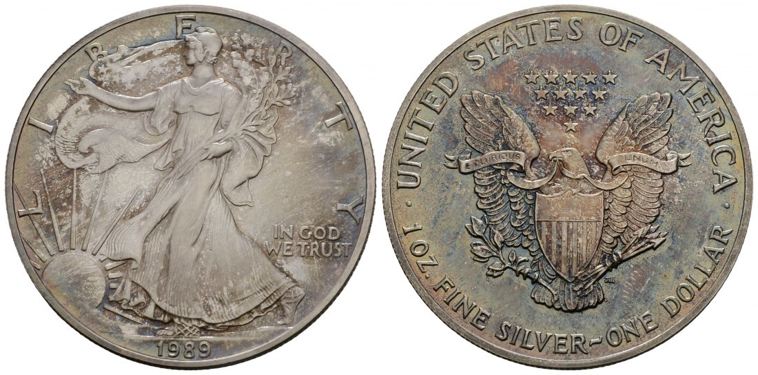 PEUS 3489 USA Insg. 31,1 g Feinsilber. American Eagle Dollar SILBER Unze 1989 Patina, Stempelglanz