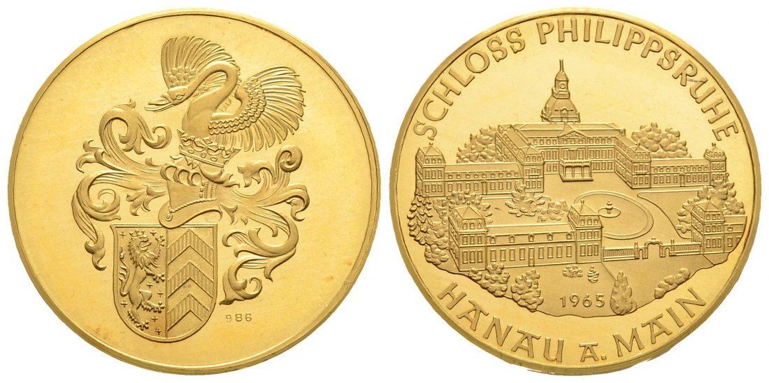 PEUS 3503 BRD 9,82 g Feingold / 26 mm. Schloss Philippsruhe Hanau Goldmedaille 1965 Vorzüglich + aus Polierter Platte