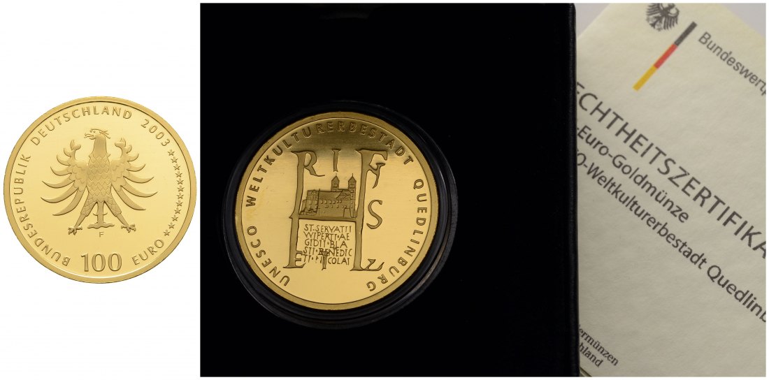 PEUS 3506 BRD 15,55 g Feingold. Quedlinburg incl. Etui und Zertifikat 100 Euro GOLD 2003 F Stuttgar Stempelglanz (Kapsel)