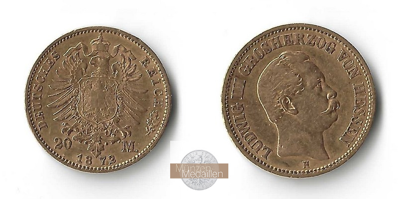 Hessen, Kaiserreich  20 Mark MM-Frankfurt Feingold: 7,17g Ludwig III. 1848-1877 1872 H 