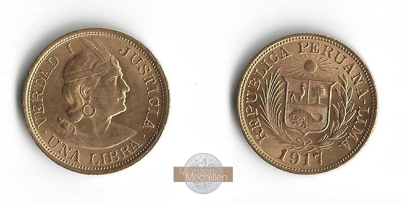 Peru MM-Frankfurt Feingewicht: 7,32g Gold 1 Libra 1917 ss