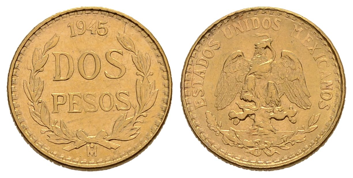 PEUS 3808 Mexiko 1,5 g Feingold 2 Pesos GOLD 1945 M Kl. Kratzer, Vorzüglich