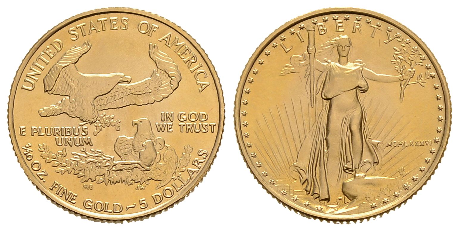 PEUS 3810 USA 3,11 g Feingold 5 Dollars GOLD 1/10 Unze 1986 Stempelglanz
