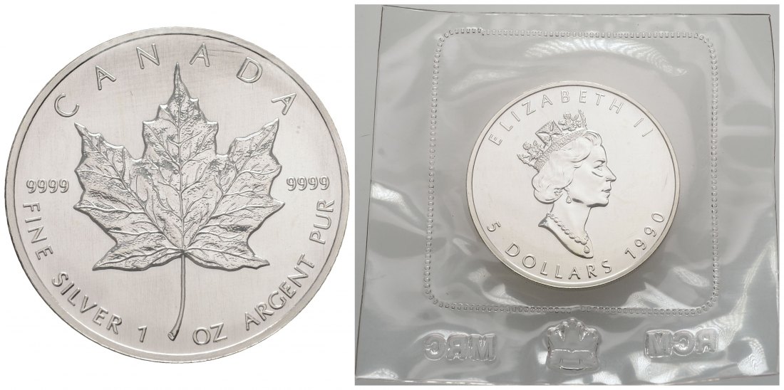 PEUS 3887 Kanada 31,1 g Feinsilber. Maple Leaf 5 Dollars Maple Leaf SILBER Unze 1990 Uncirculated (eingeschweißt)