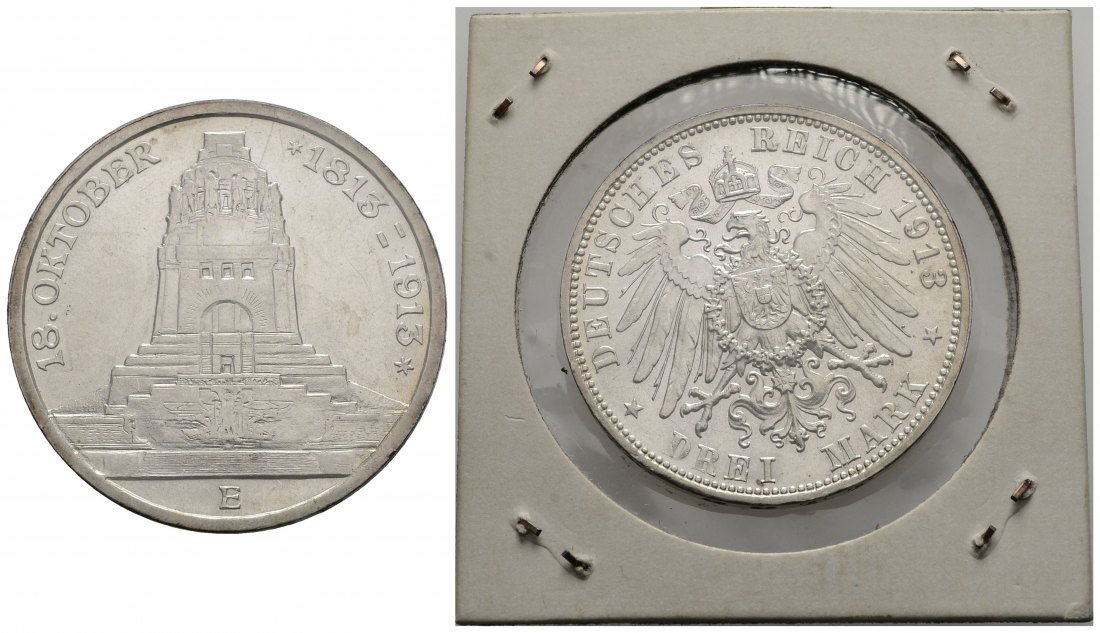 PEUS 3888 Kaiserreich - Sachsen Völkerschlachtdenkmal 3 Mark 1913 E Vorzüglich + / Stempelglanz (Papprahmen)