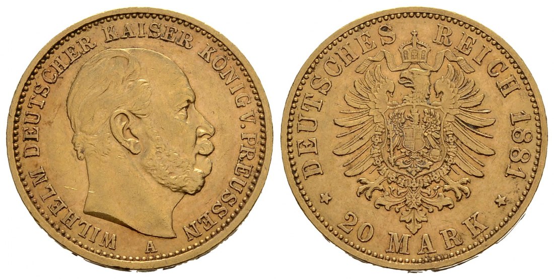 PEUS 3782 Kaiserreich - Preußen 7,16 g Feingold. Wilhelm 20 Mark GOLD 1881 A Kl. Kratzer, fast Vorzüglich