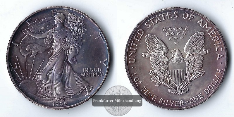  USA  1 Dollar  1992  American Silver Eagle   FM-Frankfurt     Feinsilber: 31,11g   