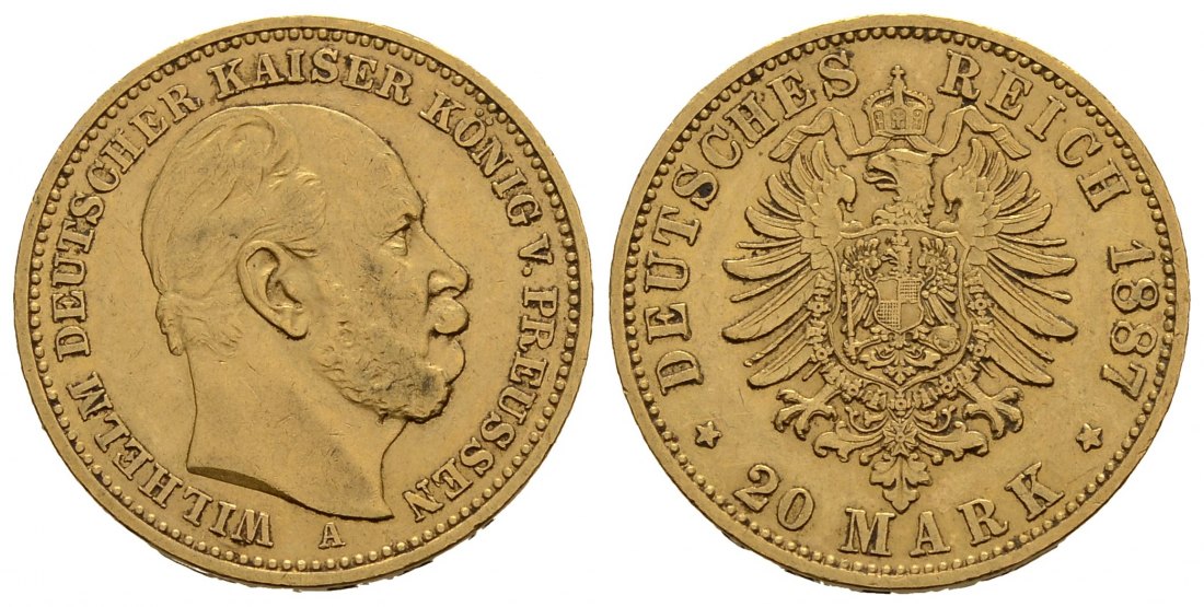 PEUS 3783 Kaiserreich - Preußen 7,17 g Feingold. Wilhelm I. (1861 - 1888) 20 Mark GOLD 1887 A Berlin Sehr schön +