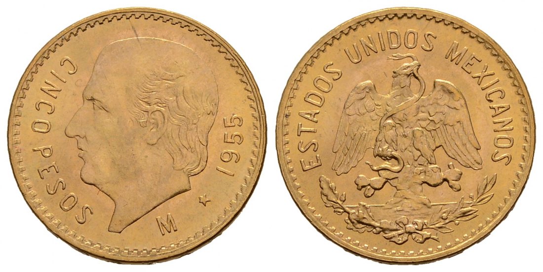 PEUS 3793 Mexiko 3,75 g Feingold. Miguel Hidalgo y Costilla 5 Pesos GOLD 1955 M Kl. Kratzer, fast Stempelglanz