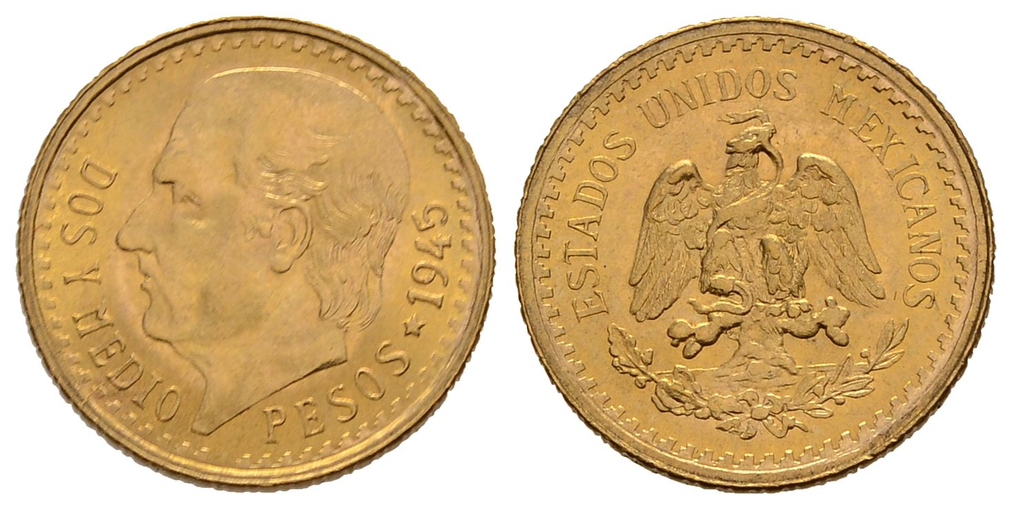 PEUS 3801 Mexiko 1,88 g Feingold. Miguel Hidalgo y Costilla 2 1/2 Pesos GOLD 1945 Fast Stempelglanz
