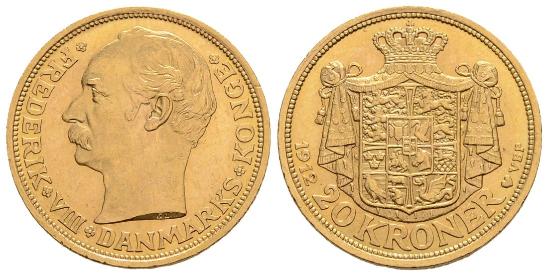 PEUS 4026 Dänemark 8,06 g Feingold. Frederik VIII. (1906-1912) 20 Kronen GOLD 1912 VBP Kl. Kratzer, Vorzüglich