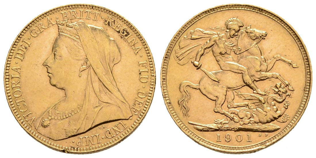 PEUS 4028 Grossbritannien / Australien 7,32 g Feingold. Victoria (1837 - 1901) mit Witwenschleier Sovereign GOLD 1901 P (Perth) Randfehler, Sehr schön