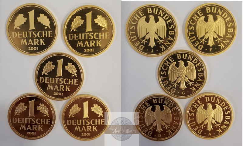 Deutschland Set 5x MM-Frankfurt Feingold: 5x 12g - 60g 1 DM (Goldmark A, D, F, G, J) 2001 vz (winzige rote Flecken)