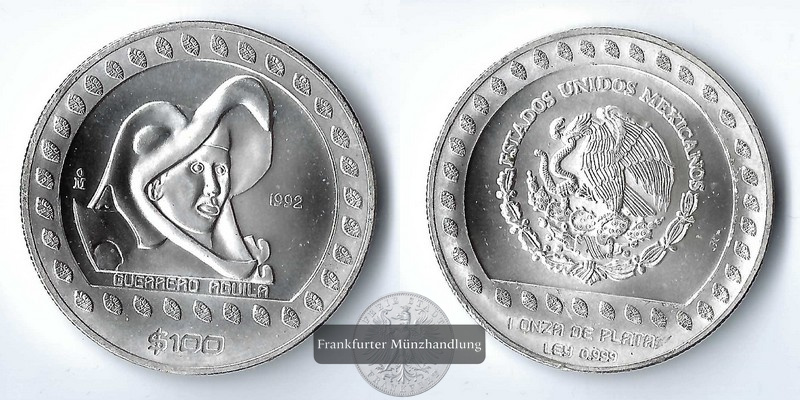  Mexiko,  100 Pesos  1992 Guerrero Aguila   FM-Frankfurt  Feinsilber: 31,1g   