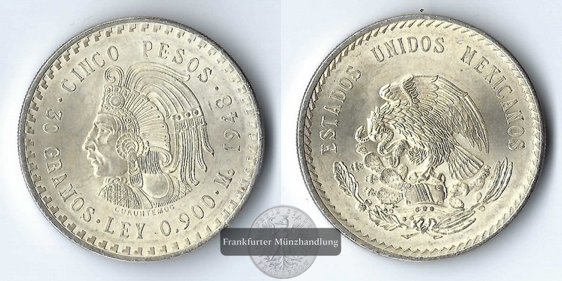  Mexiko,  5 Pesos  1948  Head of Cuauhtemoc    FM-Frankfurt  Feinsilber: 27g   