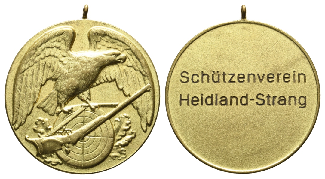  Heidland-Strang, Schützenmedaille o.J.; vergoldet,tragbar 21,37 g, Ø 38,8 mm   