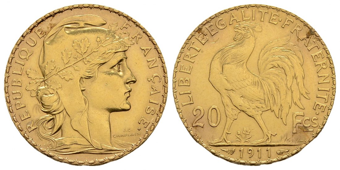 PEUS 4044 Frankreich 5,81 g Feingold. Marianne 20 Francs GOLD 1911 Fassungsspuren, Sehr schön