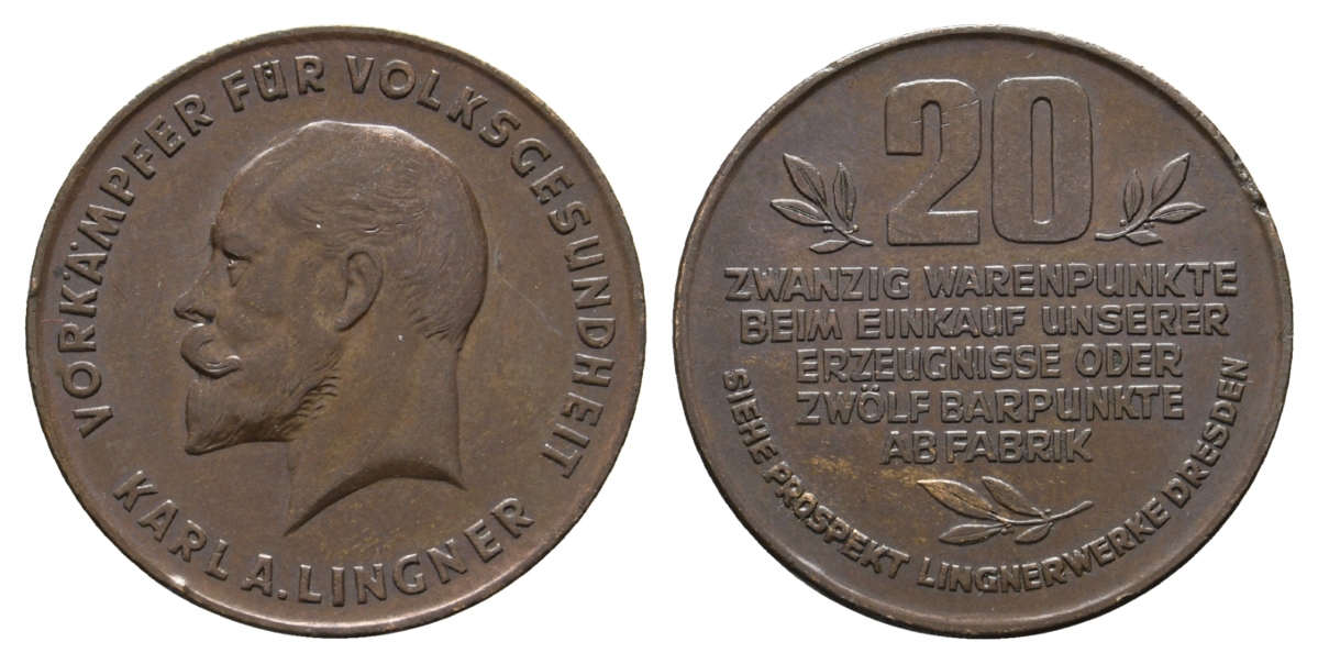  Deutschland Karl A. Lingner, 20 Warenpunkte; Bronze, 8,10 g, Ø 28 mm   