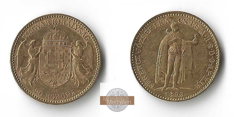 Ungarn MM-Frankfurt  Feingold: 6,10g 20 Kronen 1893 ss